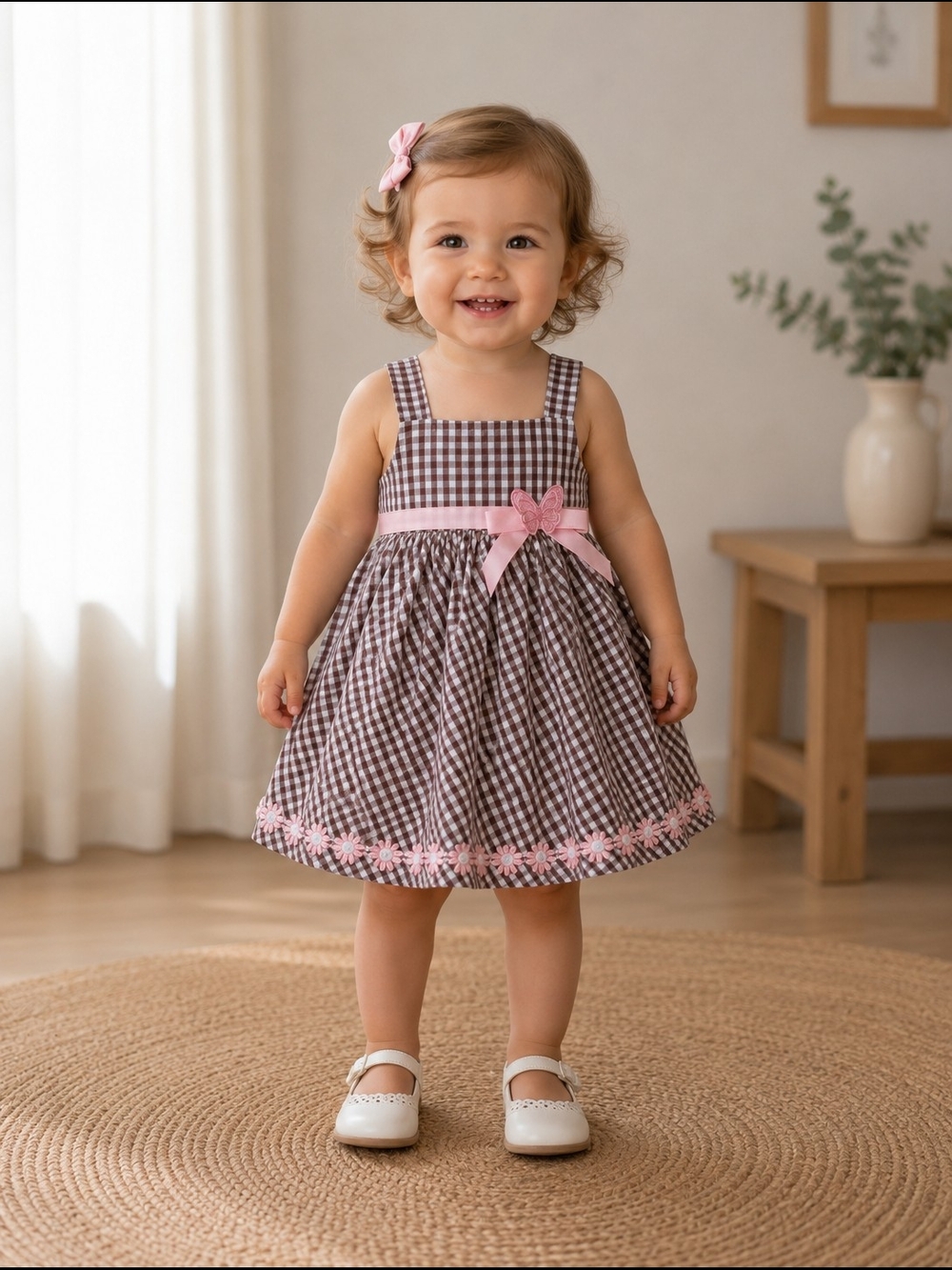 Blueberi Boulevard Vintage Pink and Brown Gingham Floral Trim Dress 2 T